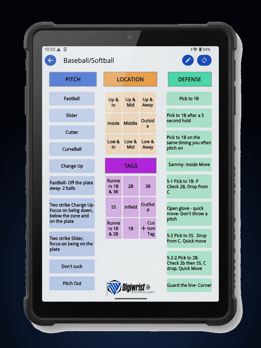 DigiWrist coach call station tablet showing play call tiles